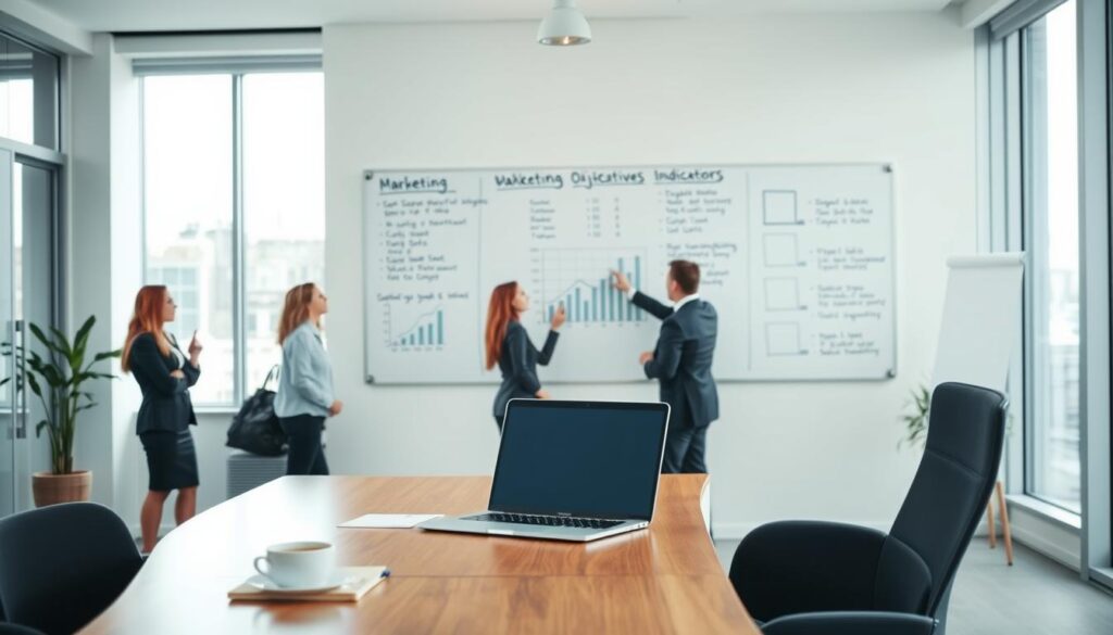A crisp, clean office setting with a large whiteboard on the wall, showcasing various marketing objectives and key performance indicators. In the foreground, a sleek wooden desk with a laptop, notepad, and a cup of coffee. In the middle ground, a team of professionals in business attire discussing the marketing plan, gesturing towards the whiteboard. The background features floor-to-ceiling windows, allowing natural light to flood the space and create a sense of openness and collaboration. The overall mood is one of focus, professionalism, and a shared sense of purpose in achieving the marketing goals.