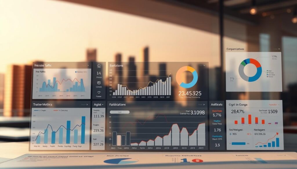 A data visualization dashboard displaying key performance metrics for a digital marketing campaign. The foreground shows various charts, graphs, and statistical visualizations tracking website traffic, lead generation, conversion rates, and other KPIs. The middle ground features a sleek, minimalist user interface with intuitive controls and interactive data analysis tools. The background has a soft, blurred city skyline in muted colors, conveying a sense of professionalism and success. The overall scene is lit by warm, directional lighting that casts subtle shadows, creating depth and dimensionality. The composition is balanced and elegant, reflecting the efficient, data-driven nature of contemporary digital marketing.
