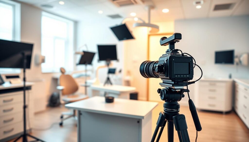 A dental clinic video set with a warm, inviting ambiance. A foreground featuring a professional-looking video camera on a tripod, capturing the subject. In the middle ground, a table with video recording equipment and lighting setup. The background showcases a modern, clean dental clinic interior with white walls, dental chairs, and medical equipment. Soft, directional lighting casts a natural glow, creating a professional and educational atmosphere. The overall composition conveys the essence of creating informative, high-quality video content for dental clinics.
