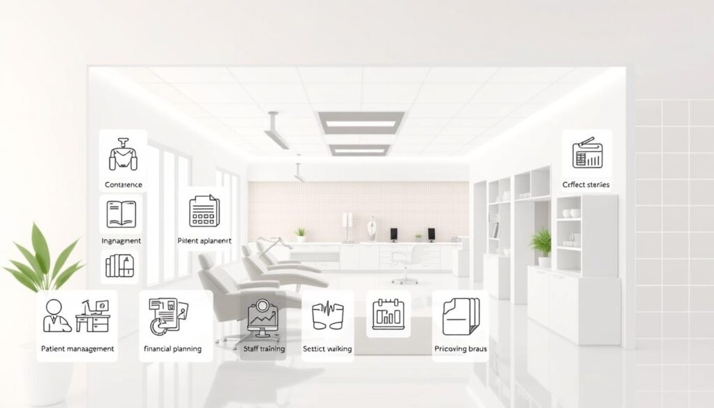 A detailed and neatly organized curriculum for managing a comprehensive dental clinic, captured in a clean, professional illustration. The foreground showcases modular icons representing key course topics such as patient management, financial planning, and staff training. The middle ground depicts an elegant dental clinic interior with modern furnishings and equipment, conveying the practical application of the curriculum. The background features a subtle wireframe grid, hinting at the structural and systemic nature of the course material. Soft, neutral lighting creates a calm, authoritative atmosphere, highlighting the educational and organizational focus of the image.