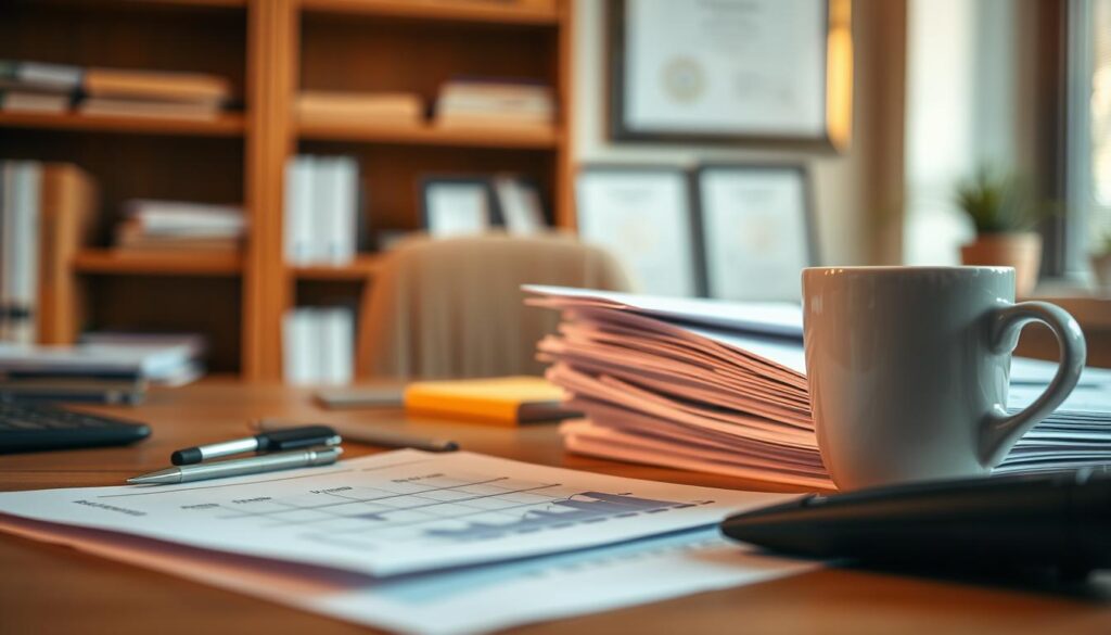 A detailed closeup view of a business accountant's desk, featuring a stack of financial documents, a calculator, and a cup of coffee. The lighting is warm and slightly diffused, creating a focused and professional atmosphere. In the background, a blurred bookshelf and framed certificates suggest an organized and well-managed office space. The overall composition emphasizes the careful management of costs and investments, reflecting the topic "Gestão de Custos e Investimentos".