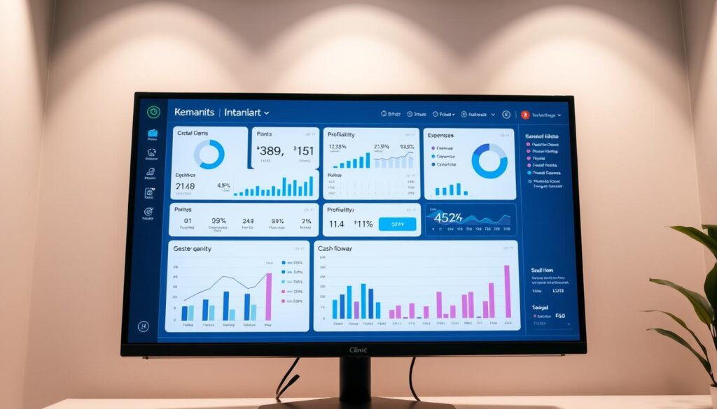 A detailed financial management dashboard for a modern dental clinic, displayed on a large computer monitor. The screen shows various charts, graphs, and data visualizations tracking key financial metrics like revenue, expenses, profitability, and cash flow. The design is sleek and minimalist, with a clean interface and intuitive controls. The clinic's logo is tastefully incorporated into the layout. Soft, indirect lighting creates a professional, sophisticated atmosphere. The overall impression conveys a sense of data-driven decision making and financial optimization to support the clinic's operational excellence.