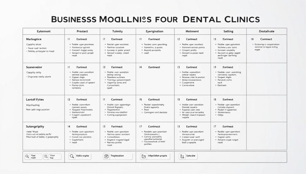 A detailed, highly organized business model canvas depicting the key elements of a successful dental clinic, rendered in a clean, professional style with a balanced composition. The canvas fills the frame, with each section clearly delineated and highlighted, presenting a comprehensive visual framework for understanding the essential components of a dental practice's operations. The layout is intuitive and easy to navigate, with a neutral color palette and subtle shadows to create depth and dimension. The overall mood is one of clarity, rationality, and strategic thinking, perfectly suited to illustrate the "Business Model Canvas for Dental Clinics" section of the article.