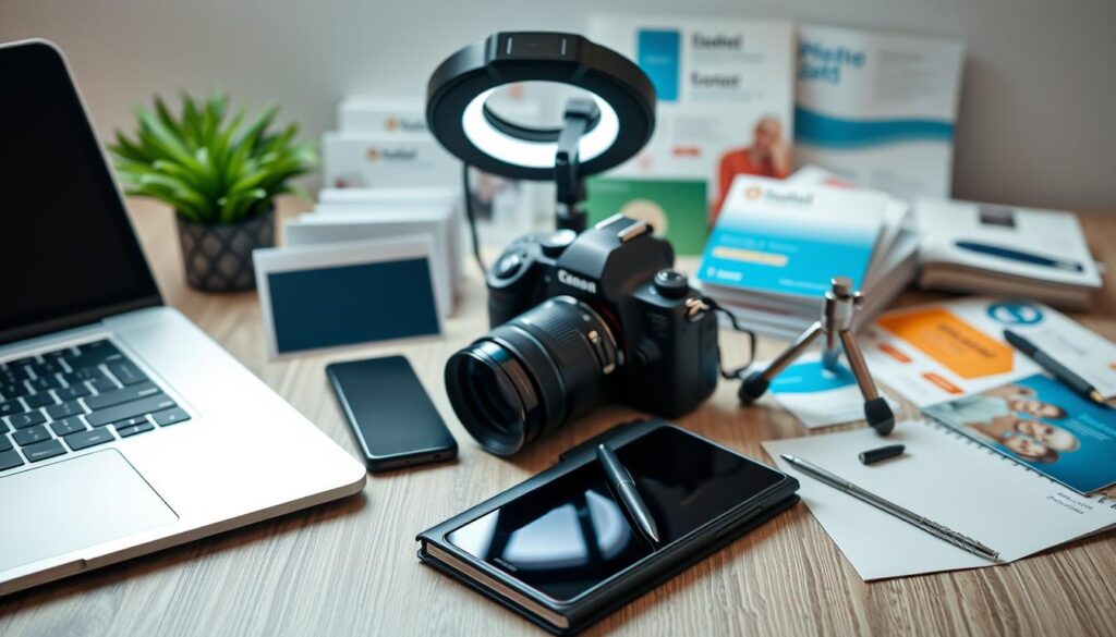 A detailed still life arrangement showcasing a variety of essential marketing tools for a dental clinic. In the foreground, a modern laptop computer, a sleek smartphone, and a stylish notebook and pen set. In the middle ground, a professional camera, a ring light, and a small tabletop tripod. In the background, a neatly organized collection of business cards, brochures, and other printed materials. The lighting is soft and diffused, creating a warm, professional atmosphere. The overall composition is balanced and visually appealing, highlighting the key elements of a comprehensive dental marketing toolkit.