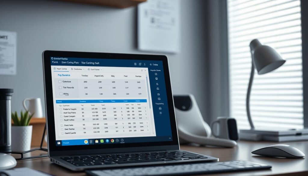 A detailed, well-lit dental software application displayed on a desk, with a professional-looking user interface showcasing key features like appointment scheduling, patient records, and billing. The software is presented in a clean, modern aesthetic that conveys efficiency and reliability, complemented by a serene, productivity-focused background. The overall scene evokes a sense of a well-organized, state-of-the-art dental practice empowered by intuitive, purpose-built technology.