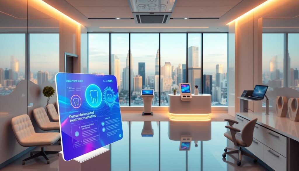 A digital dental clinic in the year 2025, showcasing the latest trends in dental marketing. In the foreground, a vibrant holographic display presents personalized treatment plans and patient testimonials. The middle ground features a sleek, futuristic reception area with self-service kiosks and AR-guided check-in. In the background, a panoramic window reveals a skyline of gleaming skyscrapers, symbolizing the industry's technological advancements. The lighting is warm and inviting, with soft, diffused illumination. The overall atmosphere conveys a sense of innovation, efficiency, and patient-centric care, reflecting the cutting-edge marketing strategies shaping the dental industry's future.