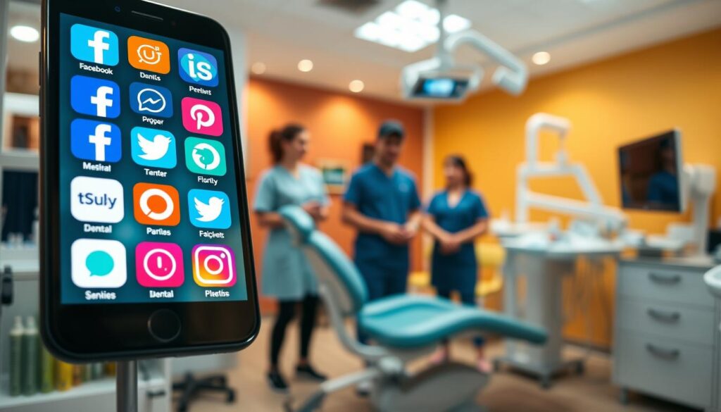 A digital dental office with a vibrant social media presence. In the foreground, a smartphone screen displays a variety of popular social media app icons, including Facebook, Instagram, Twitter, and LinkedIn. The middle ground features a team of dentists and dental assistants engaging with patients through online channels, while the background showcases a modern, well-equipped dental clinic with state-of-the-art equipment. Warm, inviting lighting creates a professional yet approachable atmosphere, highlighting the integration of social media into the dental marketing strategy. The scene conveys the importance of leveraging social platforms to connect with patients, build brand awareness, and drive dental practice growth in the digital age.