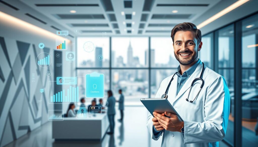 A digital marketing campaign for a modern medical clinic. In the foreground, a smiling doctor in a white coat holding a tablet, surrounded by colorful digital elements like graphs, icons, and a social media feed. In the middle ground, a reception desk with patients interacting with staff. In the background, a clean, minimalist clinic interior with geometric patterns, subtle lighting, and a large window overlooking a bustling city skyline. The overall mood is professional, innovative, and patient-focused, conveying the clinic's commitment to providing exceptional digital healthcare services.