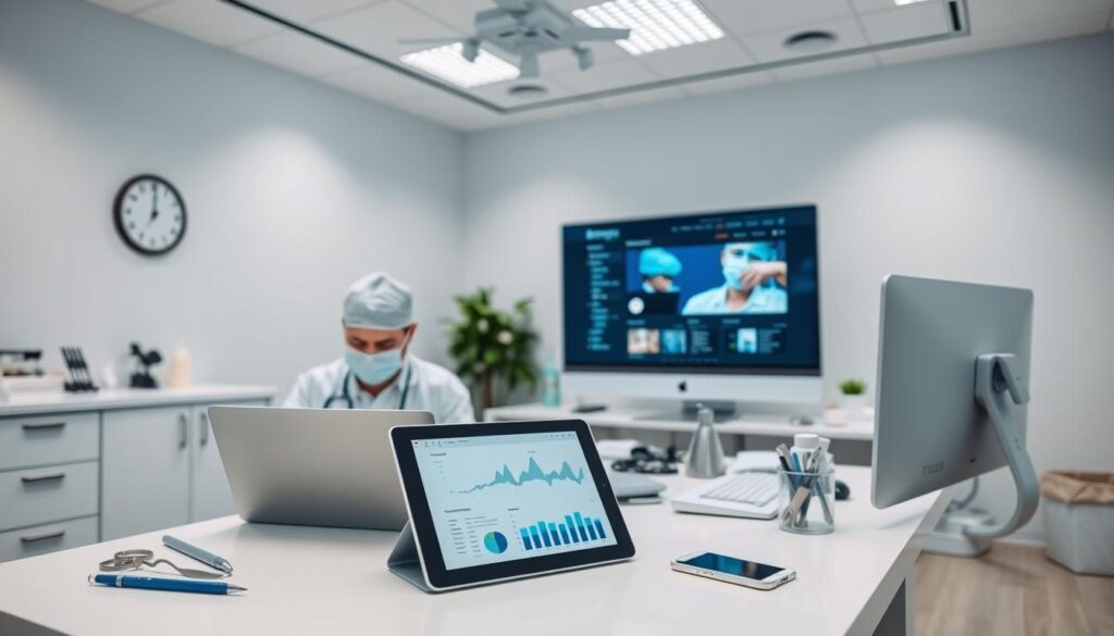 A digital marketing office space for a dental clinic, featuring a modern, well-lit interior with clean lines and minimalist decor. In the foreground, a dentist is working on a laptop, surrounded by professional tools and equipment. The middle ground showcases various digital devices, including a tablet displaying analytics, a smartphone, and a desktop computer. The background highlights a large, high-resolution monitor displaying a website or online marketing dashboard, conveying the idea of online visibility and digital presence for the dental practice. The overall atmosphere is one of productivity, efficiency, and a focus on leveraging digital technologies to reach and engage patients.