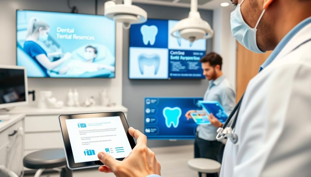 A digital marketing scene for dentists, showcasing a professional dentist's office with modern technology and tools. In the foreground, a dentist is using a tablet to showcase dental procedures and patient communication. In the middle ground, a patient is interacting with a touchscreen display highlighting dental services. The background features a sleek, minimalist office design with high-tech equipment and digital signage promoting the practice's online presence and social media channels. Bright, natural lighting illuminates the scene, conveying a sense of professionalism and innovation in the dental industry.