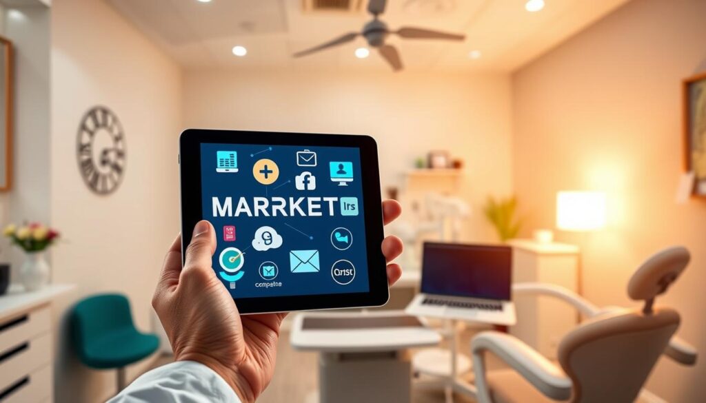 A digital marketing strategy for dentists, showcased through a vibrant and visually engaging image. In the foreground, a dentist's hand holding a tablet displaying various digital marketing icons, such as social media platforms, search engine optimization, and email campaigns. The middle ground features a laptop and smartphone, representing the digital tools and channels essential for effective dental marketing. In the background, a serene dental office setting with modern, minimalist decor, conveying a professional and trustworthy atmosphere. The lighting is soft and warm, creating a calming ambiance. The overall composition emphasizes the integration of digital marketing strategies within the dental practice, highlighting their importance for attracting and retaining patients in the digital age.