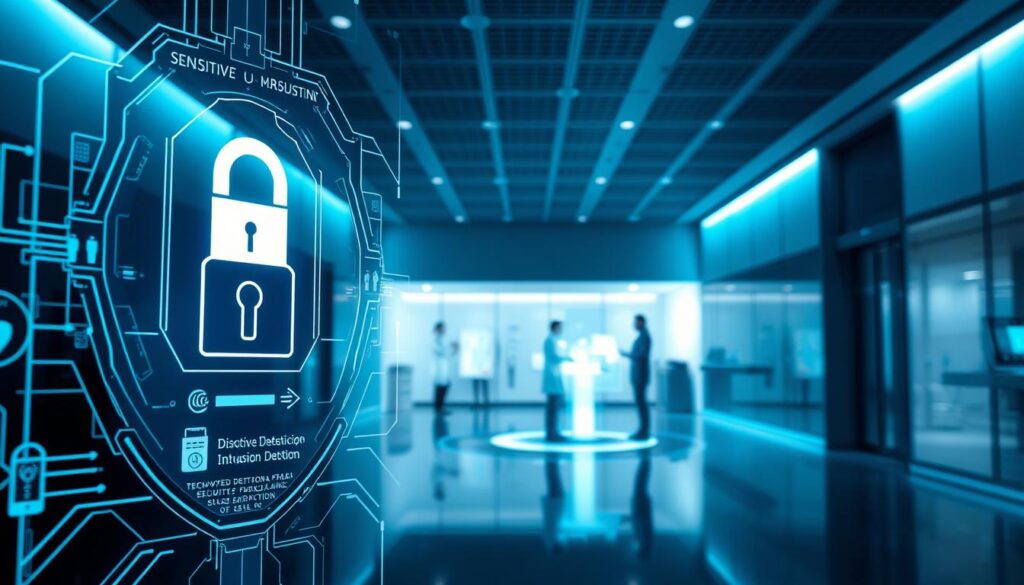 A digital security system protecting sensitive medical data inside a modern clinic. In the foreground, a futuristic security interface with biometric identification, encrypted networks, and intrusion detection. In the middle ground, medical professionals collaborating securely around a holographic display. The background features the clinic's sleek, minimalist architecture bathed in cool, blue-tinted lighting to convey a sense of technological sophistication and patient privacy. The overall atmosphere is one of advanced, reliable data protection enabling healthcare providers to deliver the best possible care.