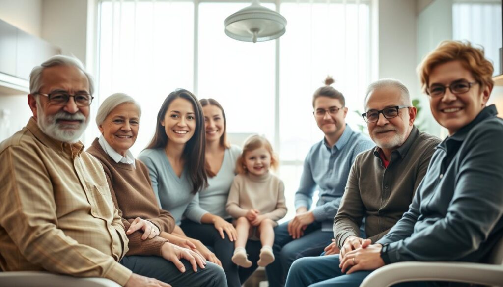 A diverse group of individuals sitting in a modern dental clinic, each with distinct expressions and demographics - an elderly man, a young professional woman, a family with children, and a middle-aged person. The lighting is warm and inviting, with natural sunlight filtering through large windows, creating a calming atmosphere. The clinic's decor features a mix of contemporary and classic elements, reflecting a balance of comfort and professionalism. The overall scene conveys a sense of trust, care, and the clinic's focus on meeting the diverse needs of its target audience.