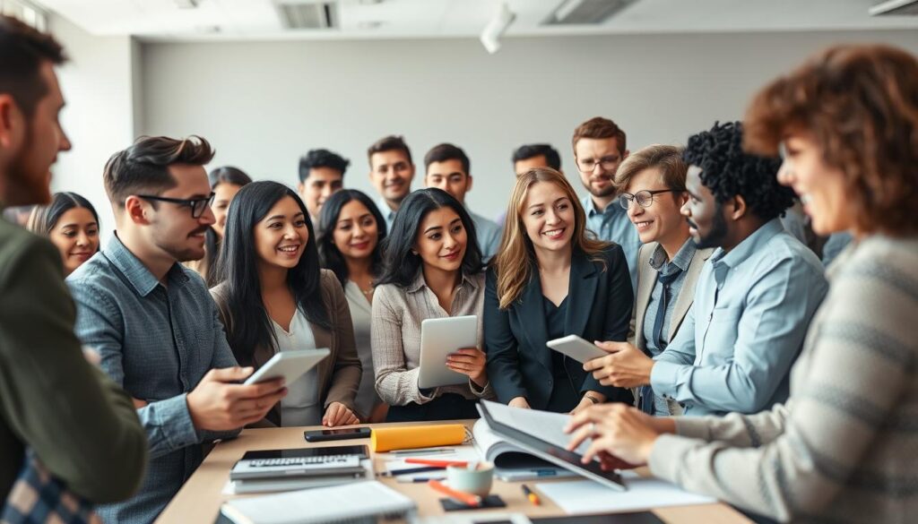 A diverse group of people, representing a cross-section of the target audience, gathered in a well-lit, modern office setting. The foreground features a mix of men and women of varying ages, ethnicities, and professions, engaged in conversation and collaborative tasks. The middle ground showcases a mix of digital devices, stationery, and other office accoutrements, conveying a sense of a dynamic, tech-savvy work environment. The background gently blurs into a neutral, minimalist decor, allowing the focus to remain on the engaged, attentive audience. The overall mood is one of energy, professionalism, and a keen interest in the topic at hand.
