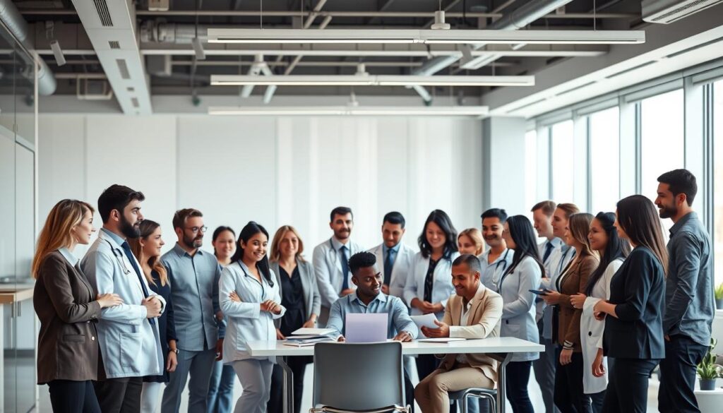 A diverse group of people, representing the target audience of a dental management course, standing in a modern, well-lit office setting. In the foreground, a mix of young and middle-aged professionals, including dentists, dental assistants, and practice managers, engaged in discussion and collaboration. In the middle ground, a mixed-gender, multi-ethnic group seated around a conference table, reviewing course materials and taking notes. The background features sleek, minimalist decor with large windows, allowing natural light to flood the space and create a sense of openness and professionalism. The overall atmosphere conveys a dynamic, forward-thinking educational environment catered to the specific needs of the dental industry.