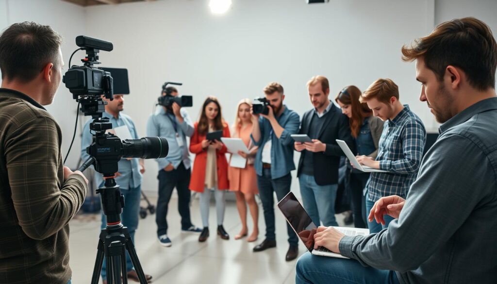 A diverse team of content creators gathered in a modern, well-lit studio. In the foreground, a videographer films a presenter speaking into a high-quality microphone, while a graphic designer works on a tablet nearby. In the middle ground, a photographer adjusts lighting equipment, capturing candid shots of the team in action. In the background, a writer types away on a laptop, brainstorming ideas for the next content piece. The atmosphere is one of focused collaboration, with each member of the "equipe de produção de conteúdo" contributing their unique skills and expertise to the creative process.