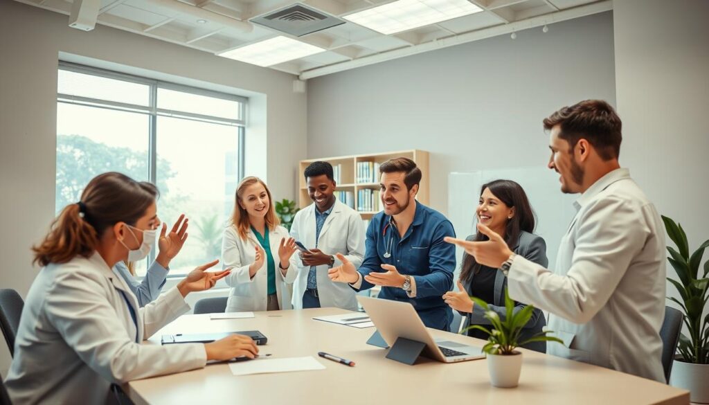 A dynamic and collaborative office environment, with a team of dental professionals engaged in active discussion, brainstorming ideas and strategies for effective clinic management. The foreground features a group of diverse individuals - dentists, hygienists, and administrative staff - gathered around a conference table, gesturing animatedly and referencing digital displays. The middle ground showcases a modern, well-lit clinic setting with clean, minimalist decor, high ceilings, and large windows allowing natural light to flood the space. In the background, a bookshelf filled with medical references and a potted plant add touches of professionalism and vitality. The overall scene conveys a sense of unity, shared purpose, and a commitment to professional development within the dental practice.
