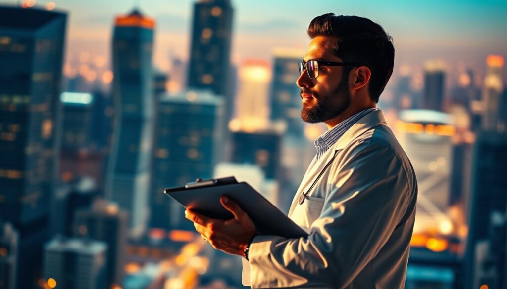 A dynamic, cinematic scene depicting the impact of a professional management course on a dentist's career. In the foreground, a dentist stands confidently, dressed in a pristine white coat, holding a clipboard and gazing intently at their computer screen. Behind them, a vibrant, blurred cityscape with towering skyscrapers symbolizes the expanding opportunities and growth potential unlocked by the course. Warm, directional lighting casts dramatic shadows, creating a sense of purpose and determination. The composition emphasizes the dentist's focus and determination, conveying the transformative impact of developing critical management skills to elevate their practice and career.
