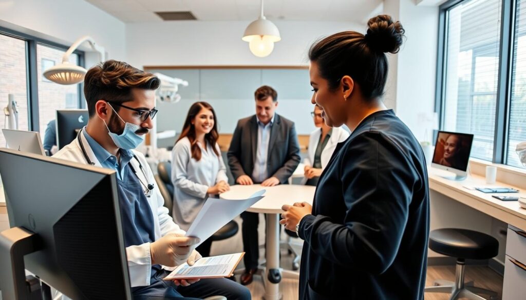 A dynamic team of dental professionals collaborating in a modern, well-lit clinic. In the foreground, a dentist and dental assistant reviewing patient records on a computer screen, their expressions focused and engaged. In the middle ground, a team meeting taking place, with the dental hygienist, office manager, and practice owner discussing strategies for effective staff management and patient care. The background features state-of-the-art dental equipment, sterilization stations, and a welcoming reception area, conveying a sense of professionalism and attention to detail. The overall atmosphere is one of smooth coordination, strong leadership, and a shared commitment to delivering exceptional dental services.