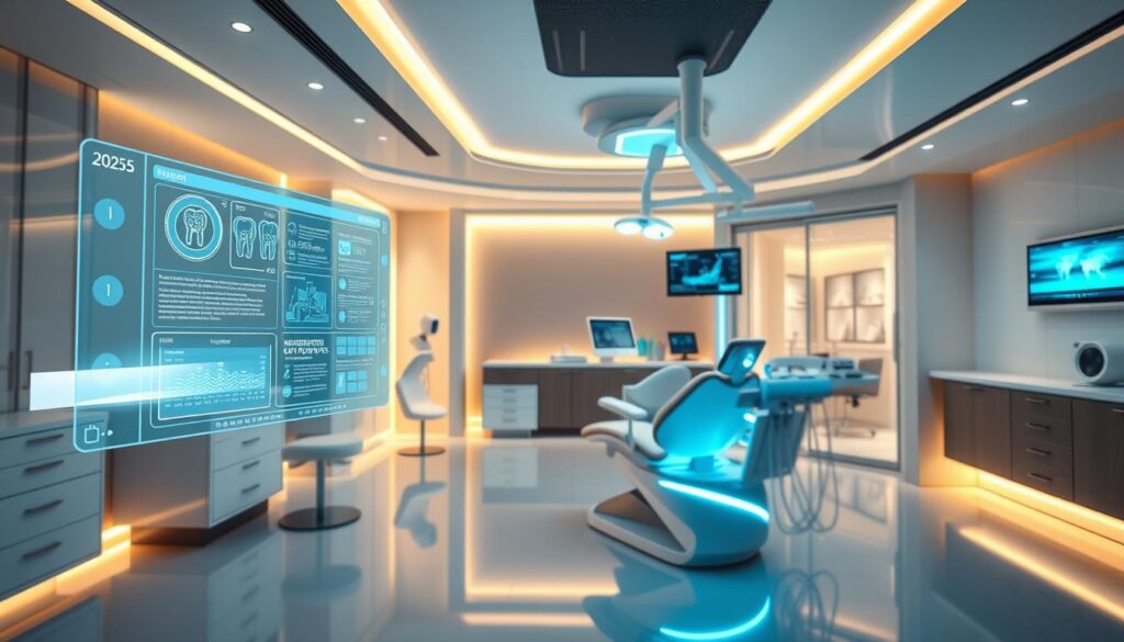A futuristic digital dental office in the year 2025, showcasing the latest advancements in technology and patient experience. In the foreground, a holographic patient interface displays comprehensive dental records and treatment options. In the middle ground, a state-of-the-art dental chair equipped with smart sensors and augmented reality displays hovers above the sleek, minimalist workspace. The background features a panoramic view of a modern, high-tech clinic with seamless integration of digital tools, from virtual consultation rooms to autonomous sterilization systems. Warm, indirect lighting creates a calming, professional atmosphere, while clean, organic shapes and materials evoke a sense of innovation and wellness.