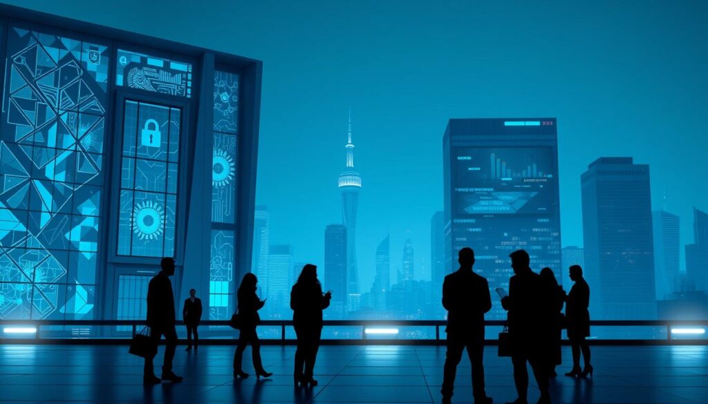 A futuristic digital security landscape, with a striking architectural structure in the foreground, representing the concept of data security as a competitive advantage. The building's facade features a sleek, minimalist design with geometric patterns and holographic displays, conveying a sense of advanced technology and innovation. In the middle ground, there are silhouettes of people interacting with digital interfaces, symbolizing the integration of data security into daily business operations. The background depicts a cityscape bathed in a cool, blue-toned color palette, suggesting a forward-thinking, technology-driven environment. Lighting is subtle and directional, highlighting the architectural details and creating a sense of depth and atmosphere. The overall composition should evoke a feeling of confidence, security, and the strategic importance of data protection in the modern business landscape.