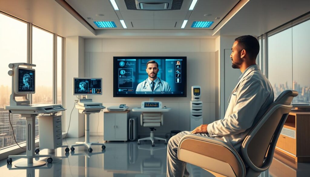 A futuristic medical office with a sleek, minimalist design. In the foreground, a patient sits comfortably in an ergonomic chair, their face displayed on a large, high-resolution screen. A doctor, dressed in a white lab coat, appears on the screen, engaging in a virtual consultation. The middle ground features various medical devices and diagnostic tools, their holographic interfaces illuminating the room with a soft, blue glow. The background showcases a panoramic city skyline, hinting at the integration of telehealth technology into the urban landscape. Warm, natural lighting filters through large windows, creating a calming, professional atmosphere. The overall scene conveys the seamless fusion of cutting-edge technology and personalized, high-quality medical care.