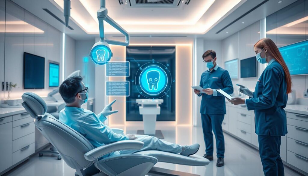 A futuristic scene depicting the integration of artificial intelligence in dental office service. In the foreground, a patient sits in an advanced dental chair, interacting with a holographic AI assistant that provides personalized recommendations and streamlines the treatment process. In the middle ground, dental staff utilize tablet interfaces to access patient records and coordinate care, seamlessly integrating digital technologies. The background showcases a sleek, modern office interior with minimalist design and soothing lighting, conveying a sense of high-tech professionalism and patient-centric care. The overall atmosphere is one of innovation, efficiency, and a vision for the future of dental practice.