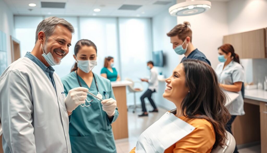 A group of dental professionals standing in a contemporary, well-lit dental clinic. In the foreground, a smiling dentist and dental assistant collaborate, examining a patient's teeth with precision. In the middle ground, a receptionist greets visitors at the front desk, while in the background, a dental hygienist assists a patient in the treatment area. The scene conveys a professional, efficient, and welcoming atmosphere, showcasing the diverse roles and teamwork within a modern dental practice.