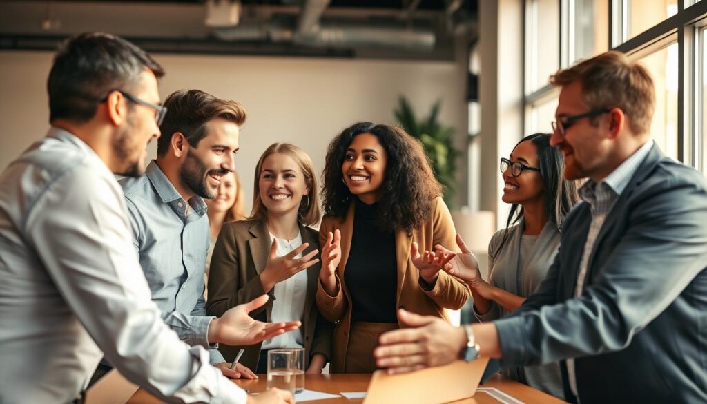 A group of diverse people, representing different demographics, engaged in active discussion and collaboration. The scene is set in a modern, well-lit office space with clean lines and minimalist decor, creating a professional yet approachable atmosphere. The individuals are leaning in, making eye contact, and gesturing animatedly, conveying a sense of careful attention and understanding. Warm, natural lighting from large windows casts a soft glow, highlighting the participants' expressions and body language. The overall composition suggests a productive, insightful meeting where the target audience's needs and preferences are being actively considered.