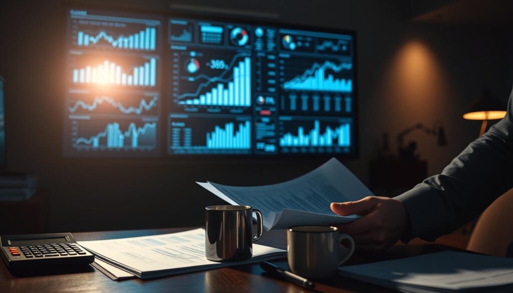 A high-contrast, cinematic scene of a businessman meticulously reviewing financial documents in a dimly lit office. The foreground features his hands holding ledgers and spreadsheets, while the middle ground shows a calculator, pen, and a mug of coffee. In the background, a large wall-mounted display shows graphs, charts, and financial data, casting a soft, blue-tinted glow across the scene. The lighting is dramatic, with strategic shadows and highlights emphasizing the focus and concentration of the subject. The overall mood conveys a sense of control, precision, and the importance of financial management.