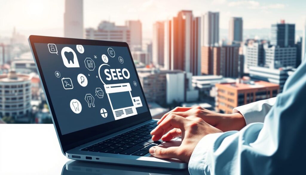 A high-contrast, digital illustration depicting search engine optimization (SEO) strategies for a dental clinic. In the foreground, a dentist's hand types on a laptop, with various SEO-related icons and graphics floating around the screen. In the middle ground, a magnifying glass highlights a dental clinic website, while in the background, a cityscape with modern buildings and healthcare facilities creates a professional, urban atmosphere. The lighting is bright and directional, casting strong shadows and highlights to convey a sense of dynamism and technology. The overall mood is one of efficiency, innovation, and a focus on digital marketing techniques to drive patient engagement and growth for the dental practice.