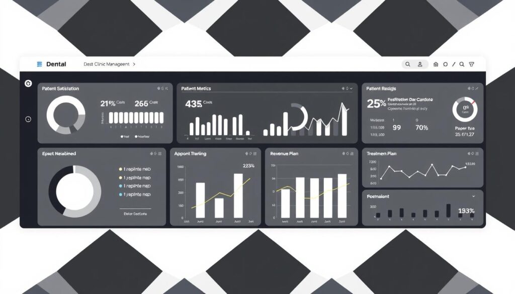 A high-contrast, modern dashboard displaying a variety of performance indicators and metrics related to dental clinic management. The background features a minimalist, geometric pattern in monochrome tones, conveying a sense of professionalism and efficiency. In the foreground, sleek charts, graphs, and data visualizations showcase key performance measures such as patient satisfaction, appointment adherence, revenue trends, and treatment plan completion rates. The overall composition is clean, balanced, and easy to read, with a focus on communicating relevant, data-driven insights to help optimize dental clinic operations and patient care.