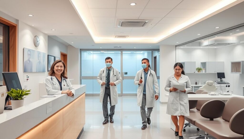 A high-efficiency dental clinic with a streamlined patient management workflow. A receptionist cheerfully greets patients in a clean, modern lobby. Doctors and nurses move with purpose, utilizing cutting-edge digital tools to seamlessly track patient records, schedules, and treatments. Patients feel at ease, confident in the clinic's expertise and attentive care. Soft, indirect lighting creates a calming ambiance. The layout is optimized for smooth patient flow, with designated zones for consultation, examination, and procedure rooms. An underlying sense of organization and professionalism permeates the scene, reflecting the clinic's commitment to efficient, patient-centric healthcare.