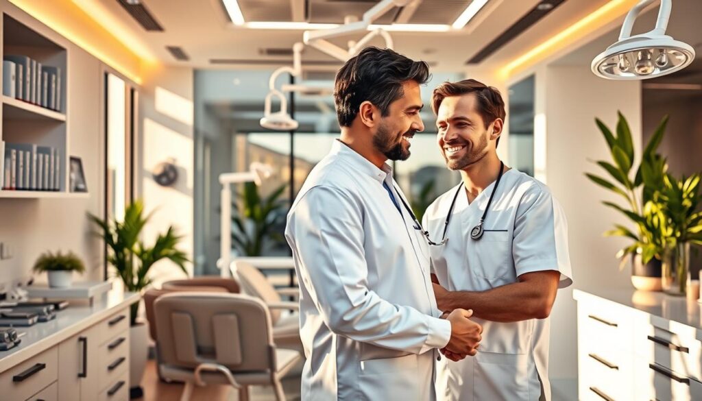 A high-end dental office in a modern city, bathed in warm, natural lighting. In the foreground, a dentist dressed in pristine white scrubs consults with a patient, their faces expressing an air of professionalism and empathy. The middle ground showcases various dental tools and equipment, neatly organized and gleaming. In the background, a sleek, minimalist waiting area with comfortable chairs and calming plant life, conveying a sense of patient-centric care. The overall atmosphere exudes a blend of expertise, innovation, and an unwavering commitment to patient well-being, reflecting the strategic marketing approach for modern dentists.