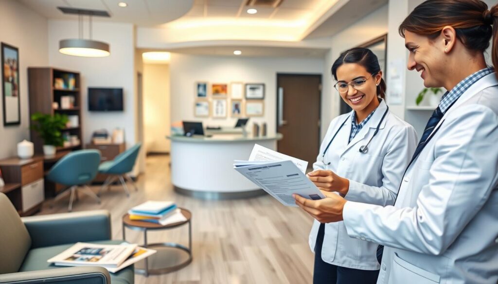 A high-quality image of a professional-looking dentist's office interior, with a focus on the selection process for a dental practice management course. The scene should feature a well-lit, modern waiting area with comfortable seating, a reception desk, and various educational materials displayed. In the foreground, a prospective student is carefully reviewing course brochures and consulting with a friendly, knowledgeable staff member. The middle ground showcases a variety of course options, materials, and certifications. The background provides a glimpse of the office's treatment rooms, conveying a sense of the comprehensive dental practice management curriculum. The overall atmosphere should be inviting, informative, and reflective of the importance of choosing the right dental practice management course.