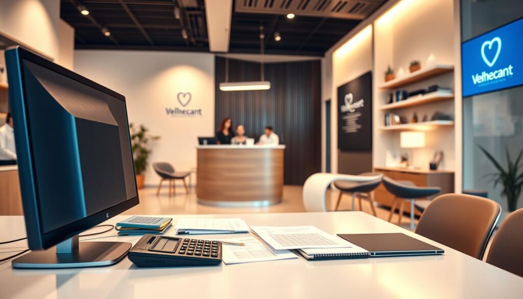 A high-quality, well-organized financial management office in a modern dental clinic. The foreground features a neatly arranged desk with a computer, documents, and a calculator, conveying a sense of professionalism and efficiency. The middle ground showcases the clinic's reception area, with a friendly receptionist and patients in the waiting room. The background incorporates the clinic's branding, such as signage and décor, creating a cohesive and visually appealing atmosphere. The lighting is warm and inviting, highlighting the attention to detail and the clinic's commitment to providing a comfortable experience for its patients. The overall composition and mood suggest a well-run, financially savvy dental practice that prioritizes both patient care and business management.