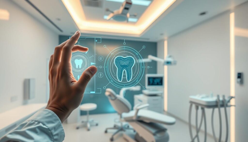 A high-tech dental clinic, bathed in a soft, futuristic glow. In the foreground, a dentist's hand manipulates a holographic interface, accessing advanced AI-powered diagnostic tools. The middle ground showcases state-of-the-art dental equipment, precision-engineered to deliver optimal patient care. In the background, a sleek, minimalist aesthetic with clean lines and muted tones, reflecting the clinic's commitment to efficiency and innovation. The overall atmosphere conveys a sense of calm, confidence, and a harmonious fusion of human expertise and cutting-edge technology.