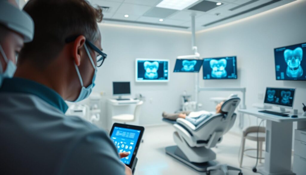 A high-tech dental clinic interior with a focus on technology-driven patient care. In the foreground, a dentist using a digital x-ray machine, their face illuminated by the soft glow of the screen. In the middle ground, a patient reclined in a modern, ergonomic dental chair, surrounded by state-of-the-art instruments and equipment. The background features a clean, minimalist design with sleek, contemporary furniture and advanced diagnostic displays. Soft, diffused lighting creates a calming, professional atmosphere. Conveying the seamless integration of cutting-edge technology and patient-centric dental management.
