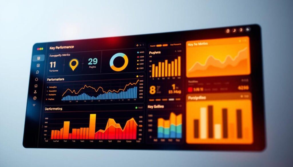 A highly detailed and vibrant infographic showcasing key performance metrics, displayed on a sleek and modern dashboard interface. The foreground features a minimalist layout with clearly labeled data visualizations such as charts, graphs, and progress bars, highlighted by a warm, soft lighting scheme. The middle ground includes subtle design elements like geometric shapes, icons, and subtle gradients, creating a sense of depth and balance. The background subtly blends into a neutral, almost monochromatic color palette, allowing the data and metrics to take center stage. The overall composition conveys a professional, data-driven atmosphere, perfectly suited to illustrate the "How to Measure the Success of Marketing Strategies" section of the article.