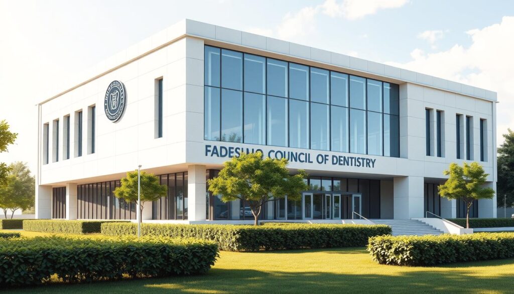 A highly detailed architectural illustration of the main building of the Federal Council of Dentistry (Conselho Federal de Odontologia - CFO) in Brazil. The structure is a modernist masterpiece, featuring clean lines, geometric shapes, and large glass panels that allow natural light to flood the interior. The facade is adorned with the official CFO seal and signage. Surrounding the building is a lush, well-manicured landscape with neatly trimmed hedges and a few strategically placed trees. The scene is captured on a bright, sunny day with soft, diffused lighting highlighting the building's elegant design. The overall atmosphere conveys a sense of professionalism, authority, and the importance of the CFO's role in regulating the dental profession in the country.