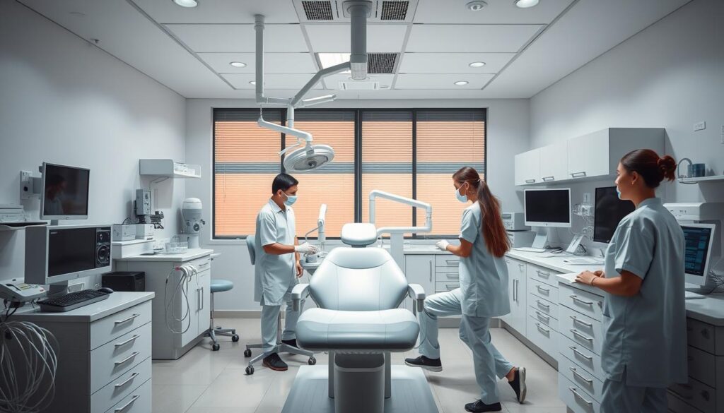 A highly detailed, photorealistic image of the importance of dental management. Show a dental clinic interior with state-of-the-art equipment and technology, meticulously organized and maintained. Depict a team of dedicated dental professionals in crisp, clean uniforms collaborating seamlessly to provide top-notch patient care. Convey a sense of professionalism, efficiency, and patient-centric focus through the arrangement of the space and the body language of the staff. Use warm, inviting lighting and a calming color palette to create a relaxing, trustworthy atmosphere. Capture the pivotal role that dental practice management plays in delivering exceptional oral healthcare services.