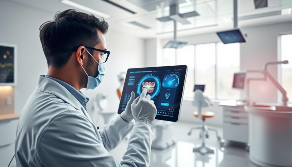 A hyper-realistic, high-resolution 3D render of a dental clinic interior, with a focus on digital technologies. In the foreground, a dentist is examining a patient's teeth on a large, futuristic-looking touchscreen display. Holographic interfaces and AI-powered diagnostic tools are seamlessly integrated into the clinical environment. The middle ground features advanced imaging equipment, robotics, and autonomous systems that enhance dental procedures. The background showcases a sleek, minimalist design with natural lighting filtering in through large windows, creating a calming, high-tech atmosphere. The overall scene conveys the integration of artificial intelligence and cutting-edge digital solutions in modern dentistry.
