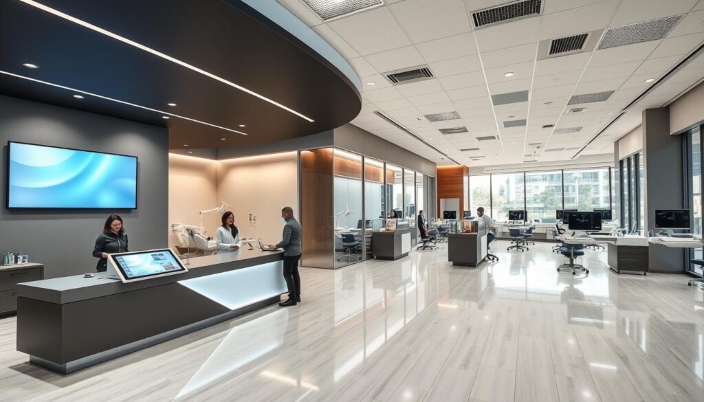 A large, modern dental clinic with a sleek, professional interior. The foreground features a stylish reception desk with a prominent digital display, with patients checking in at the counter. The middle ground showcases a series of private examination rooms, each with state-of-the-art dental equipment and large windows providing ample natural light. In the background, an airy, open-concept layout reveals a central hub with multiple workstations, facilitating efficient patient flow and seamless staff collaboration. The overall atmosphere conveys a sense of organization, advanced technology, and a focus on delivering high-quality dental care.
