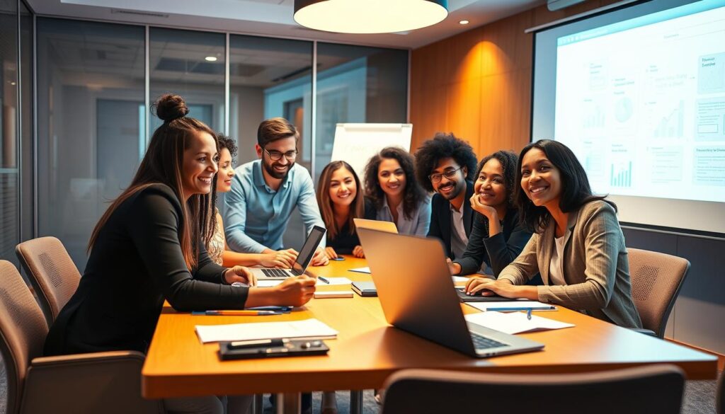A lively and interactive business training session, with a team of diverse professionals gathered around a conference table. Vibrant lighting illuminates the scene, casting a warm glow on the faces of the engaged participants. The table is adorned with laptops, notepads, and pens, indicating an active exchange of ideas. In the background, a whiteboard or projection screen displays key points, charts, and diagrams, emphasizing the educational nature of the gathering. The overall atmosphere is one of collaboration, enthusiasm, and a shared commitment to professional development.