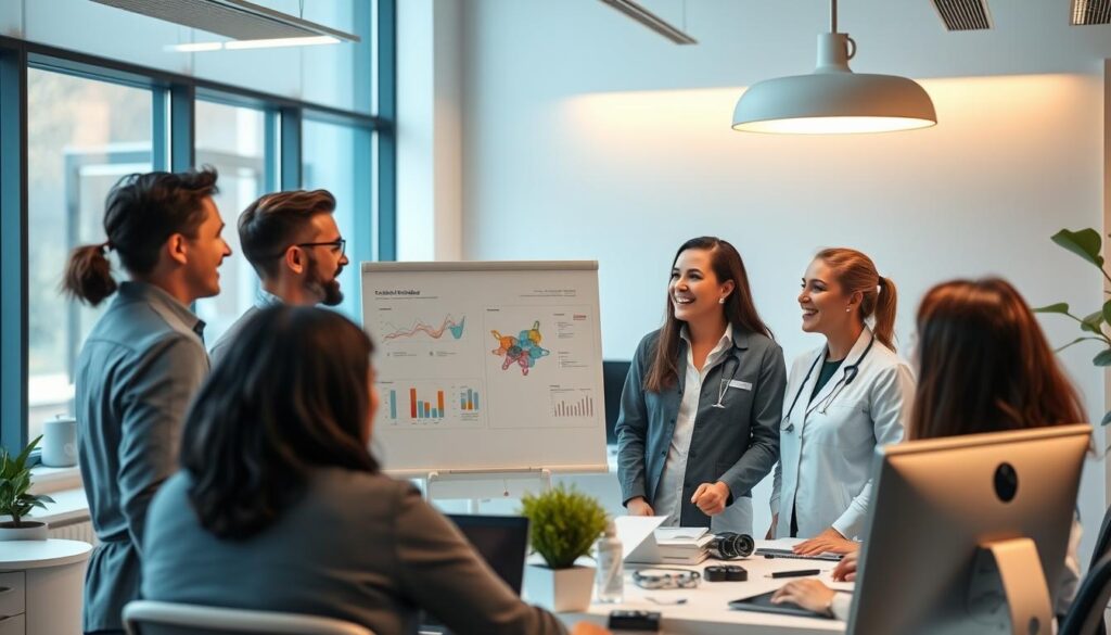 A lively office scene with a team of dental professionals collaborating at a modern, well-equipped workstation. The foreground features a group of colleagues engaged in a animated discussion, their faces expressing focus and enthusiasm. In the middle ground, a whiteboard displays colorful diagrams and charts, hinting at productivity optimization and workflow management. The background showcases a clean, minimalist interior with large windows, allowing natural light to flood the space and create a sense of openness and professionalism. Subtle warm lighting from overhead fixtures casts a soft, inviting glow. The overall mood is one of productive teamwork, clear communication, and a shared commitment to delivering excellent dental care.