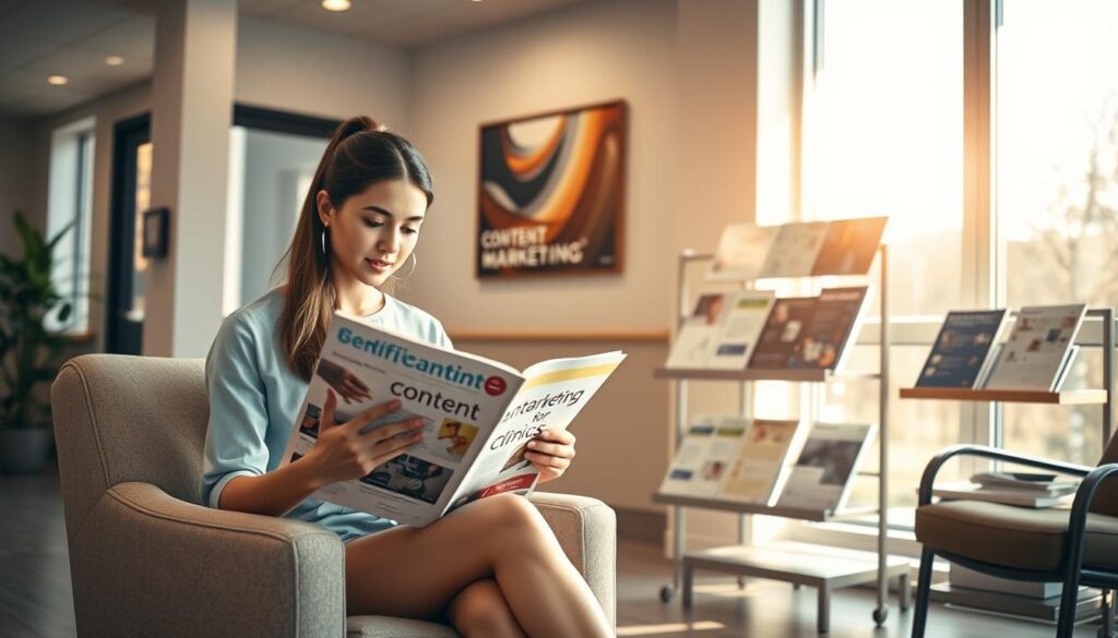 A medical clinic's waiting room, bathed in warm, natural lighting from large windows. In the foreground, a young woman sits on a plush armchair, intently reading a magazine on "content marketing for clinics." In the middle ground, a display shelf showcases informative brochures and educational materials, inviting patients to learn more. The background features tasteful decor and soothing artwork, creating a calming, professional atmosphere. The overall scene conveys a sense of information, guidance, and a commitment to patient education and engagement through content-driven marketing strategies.