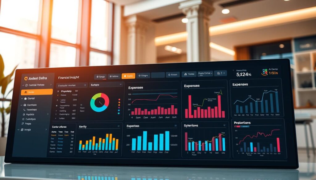 A meticulous financial management dashboard, meticulously designed with elegant typography, vibrant color palette, and well-organized data visualizations. The foreground features a sleek interface with intuitive controls, guiding the user through comprehensive financial insights. The middle ground showcases detailed charts and graphs, providing a clear overview of revenue, expenses, and key performance indicators. The background subtly incorporates architectural elements, evoking a sense of professionalism and sophistication within a modern dental clinic setting. Warm lighting casts a subtle glow, highlighting the collaborative nature of effective financial stewardship. The overall atmosphere conveys a harmonious balance between functionality and aesthetic appeal, embodying the essence of a thriving dental practice's financial management.