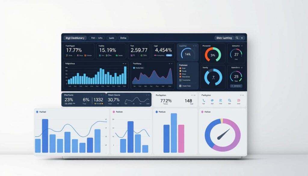 A meticulously crafted dashboard displaying a variety of performance indicators against a clean, minimalist backdrop. The foreground features a series of fluid, data-driven visualizations - bar graphs, line charts, and KPI gauges - presenting crucial metrics in a clear and intuitive manner. The middle ground showcases a centralized display panel with a focus on high-level summaries, while the background subtly conveys a sense of professionalism and efficiency through the use of muted tones and subtle grid patterns. The overall composition is designed to provide a comprehensive and visually engaging overview of key performance data, creating a powerful tool for data-driven decision making.