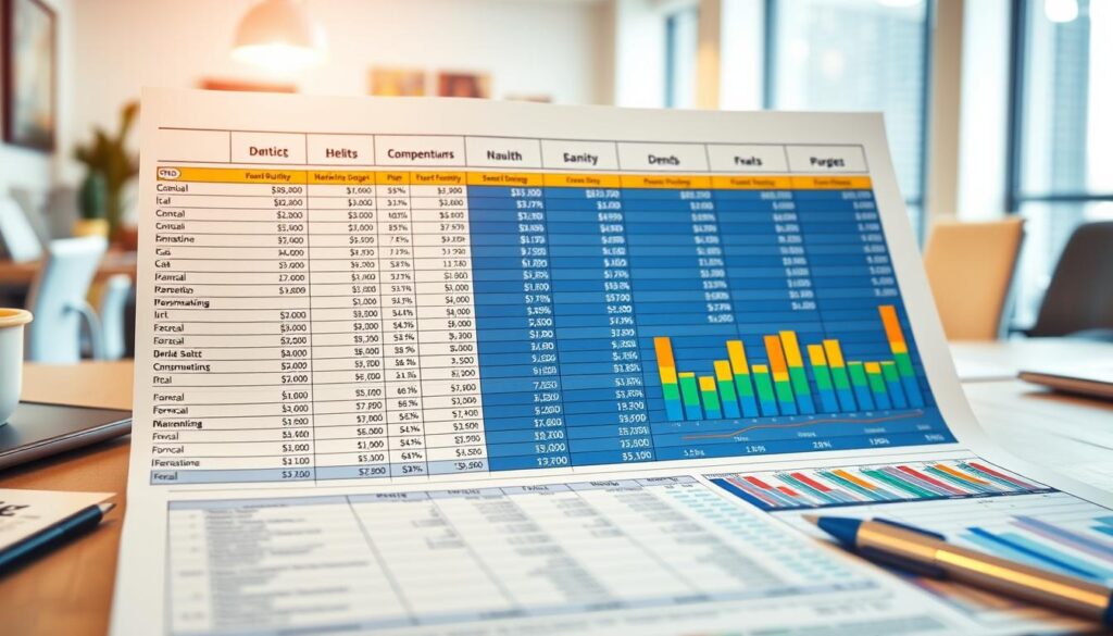 A meticulously crafted spreadsheet displays a comprehensive budget plan, with line items detailing various marketing expenditures for a dental practice. Vibrant graphs and charts provide visual insights, showcasing key financial metrics and forecasts. The scene is bathed in a warm, focused light, creating a professional and authoritative atmosphere. The layout is clean and organized, reflecting the careful attention to detail required for effective budgetary planning. In the background, a soft, blurred office environment suggests the practical application of this budgetary process within the larger context of a successful dental marketing strategy.