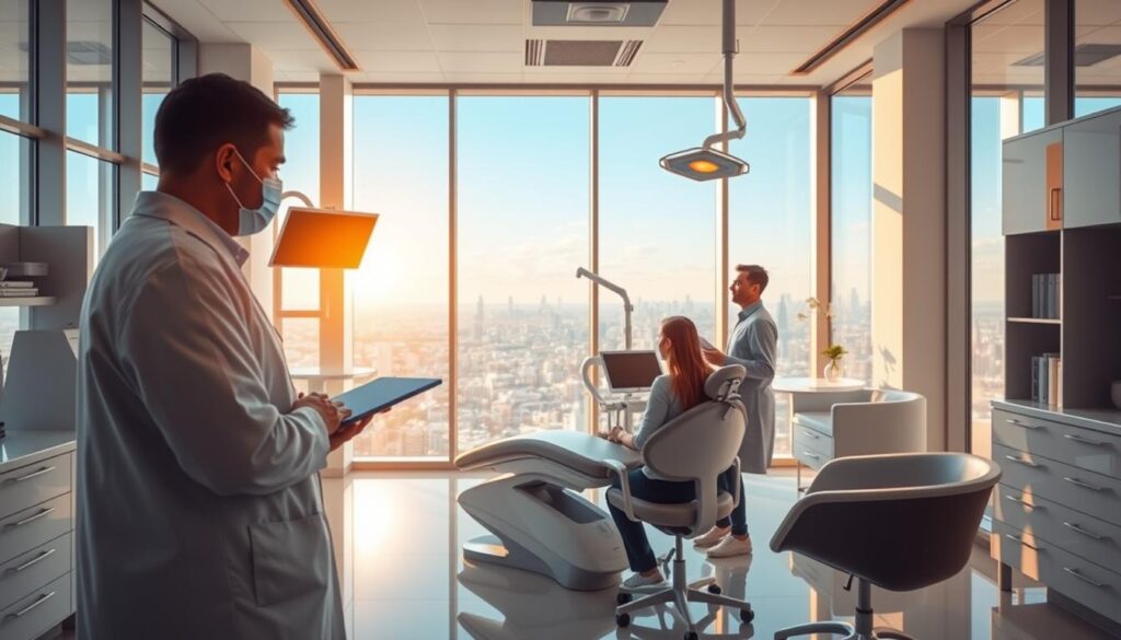A meticulously designed dental clinic interior, bathed in warm, natural light filtering through floor-to-ceiling windows. In the foreground, a dentist consults with a patient, discussing treatment options against a backdrop of pristine dental equipment and sleek, modern furnishings. The middle ground showcases a reception area with a welcoming, professional atmosphere, hinting at the efficient management practices at play. The background reveals a panoramic view of a bustling city skyline, underscoring the dentist's role as a vital healthcare provider within the broader community. The scene conveys a sense of professionalism, innovation, and a patient-centric approach to dental care, all of which are essential elements of effective practice management.